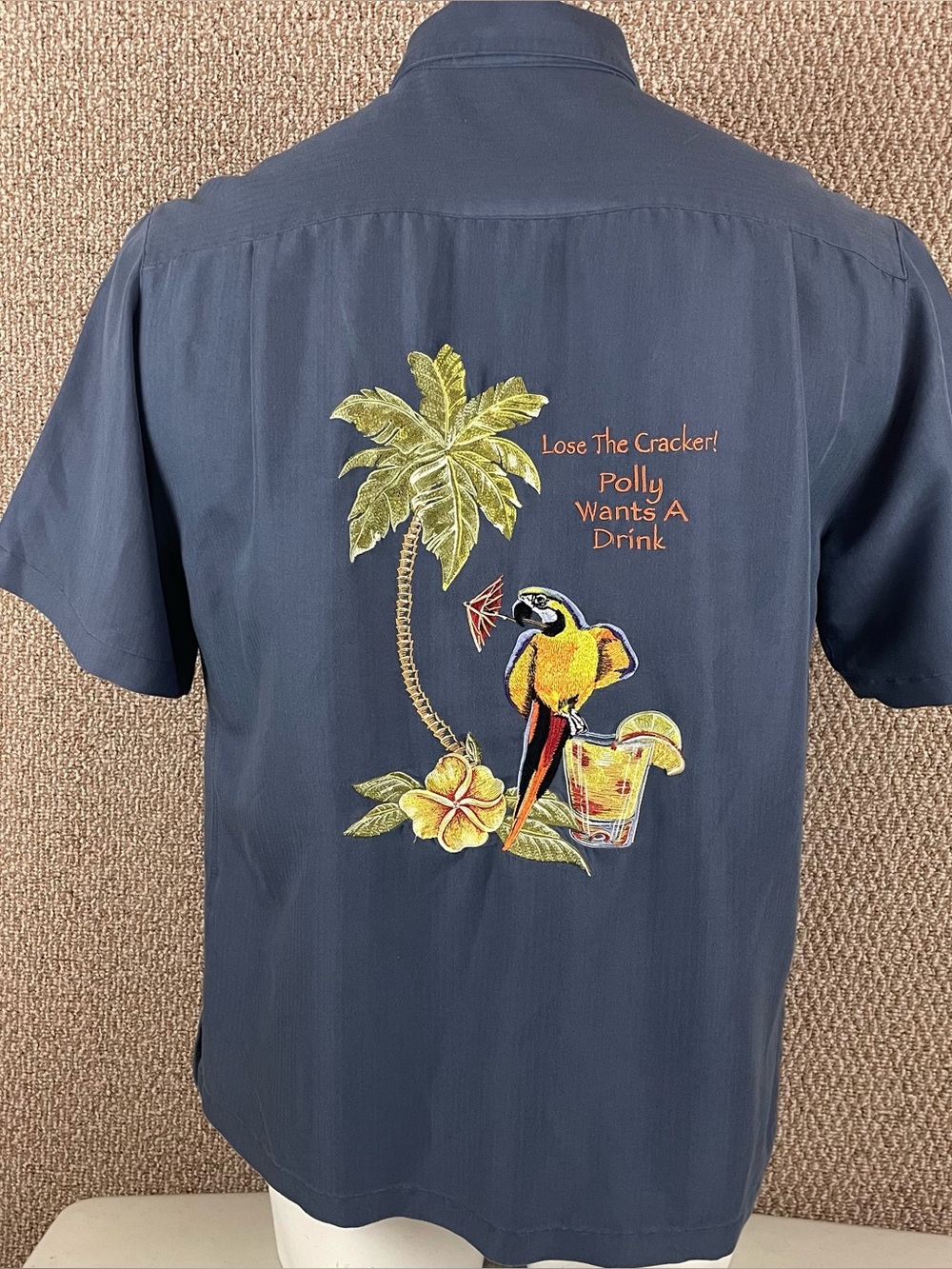 Caribbean Shirt Mens L Blue Hawaiian Camp Embroidered Polly Wants A Drink 178